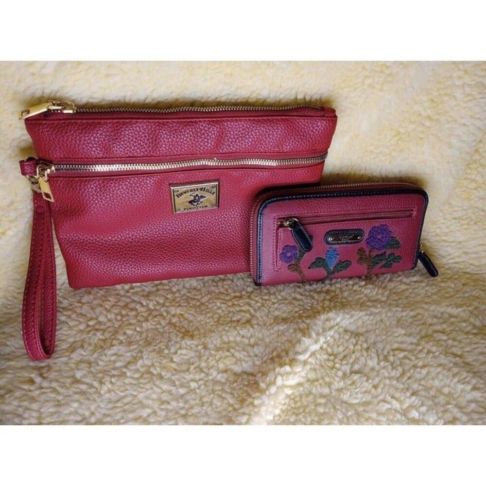 Beverly Hills Polo Club Faux Leather Wrist Clutch RED Embroidered Wallet